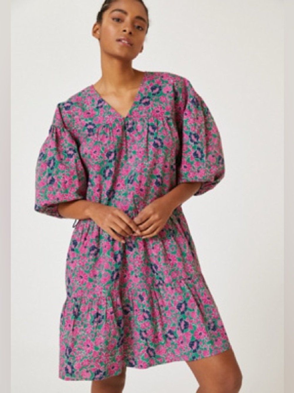 Sundry Pink & Green Floral Tiered Puff-Sleeve Dress